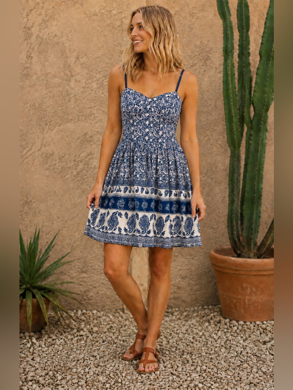 Zoe & Rose Band of Gypsies Blue Paisley Bustier Sundress, Smocked, Mini, EUC, M
